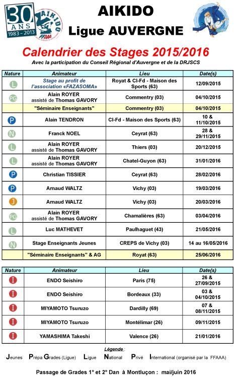 2015-2016 Calendrier Auvergne Aikido FFAAA